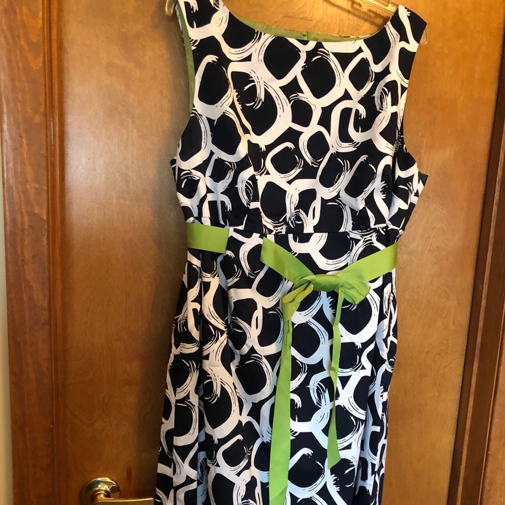 Avenue Navy Print Dress with Green Ribbon